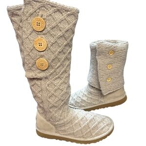 UGG Women's Lattice Cardy Knit Sweater Boots Beige Size 7